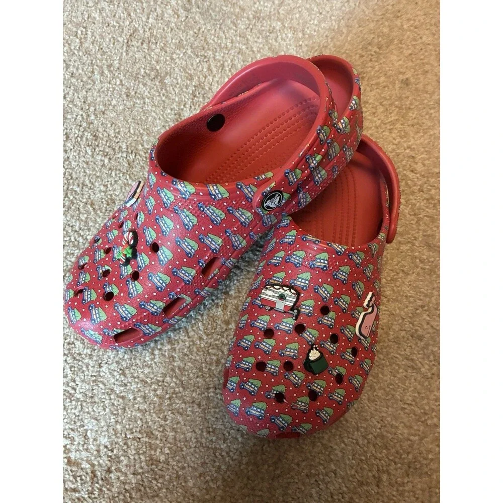 Crocs x Vineyard Vines Classic Clog Red Printed Christmas Jibbitz Women 9 Men 7